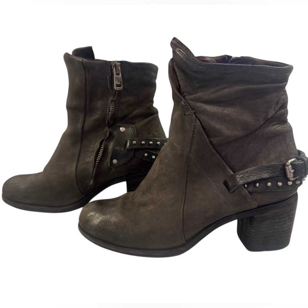 A.S.98 Distressed Leather Gray Ankle Boots with Studded Strap
